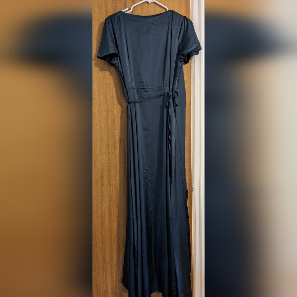 Baltic Born Krystal Satin wrap gown in deep blue